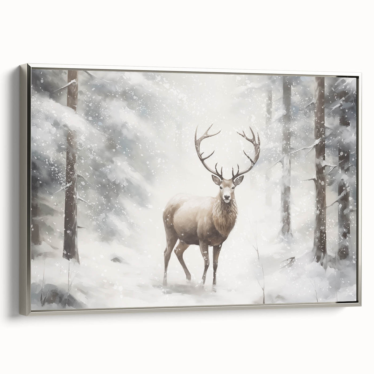 Winter landscape art painting on framed canvas, featuring muted cool tones and vintage poster style.