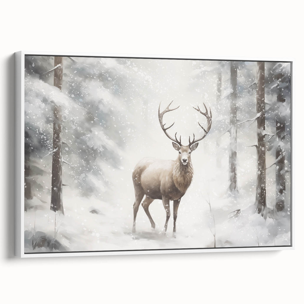 Vintage poster art of a winter scene on a framed canvas, featuring a muted palette of grays and whites.