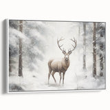 Vintage poster art of a winter scene on a framed canvas, featuring a muted palette of grays and whites.