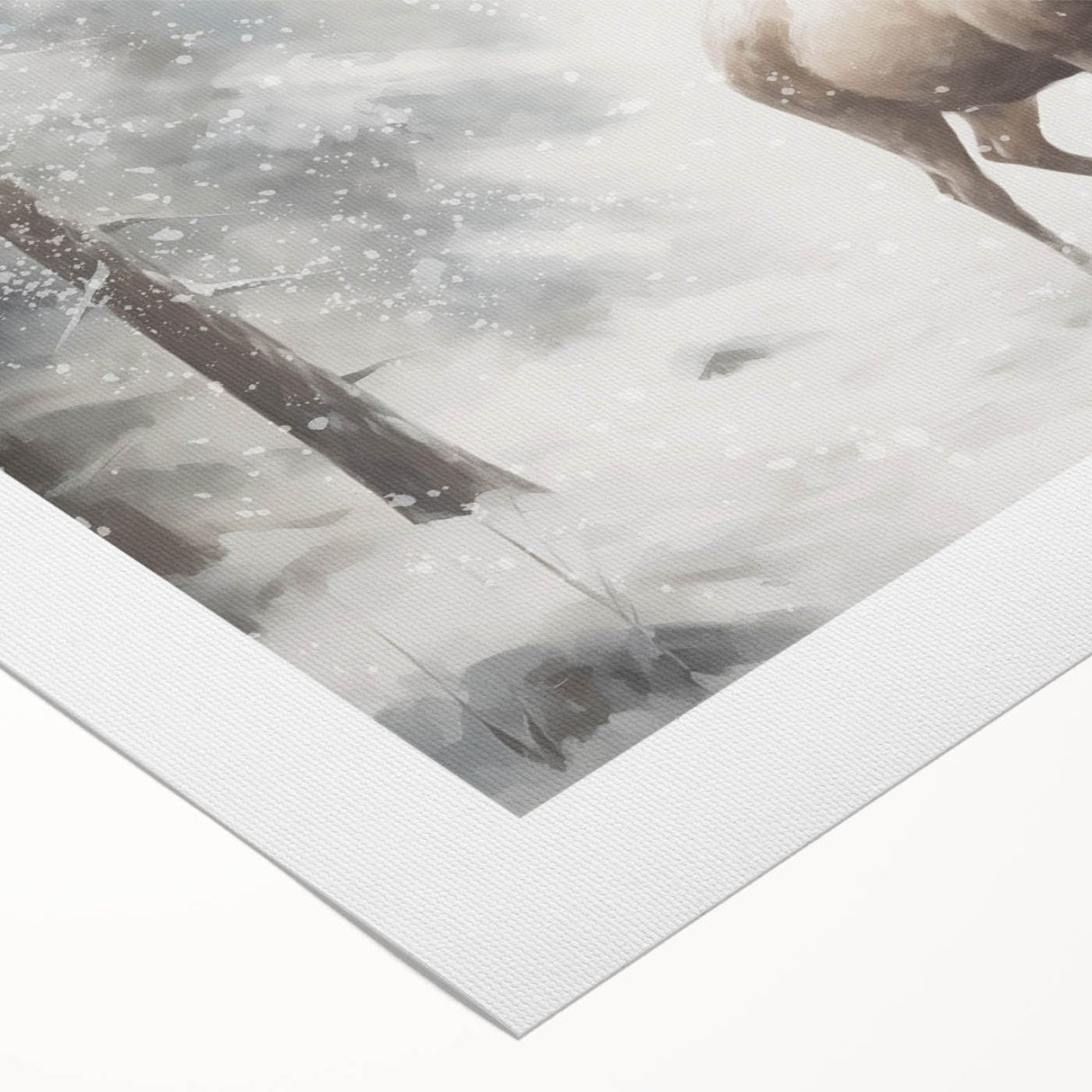 Art deco poster featuring a winter scene with muted blue and white tones on rolled canvas, suitable for dining room decor.