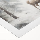 Art deco poster featuring a winter scene with muted blue and white tones on rolled canvas, suitable for dining room decor.
