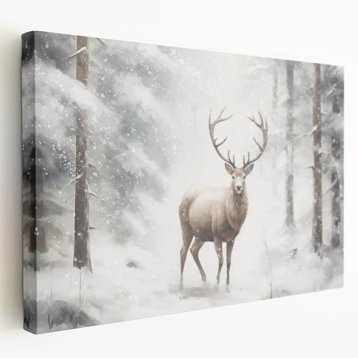 Winter-themed stretched canvas depicting a snowy landscape in muted blue and white tones, suitable for kitchen wall art.