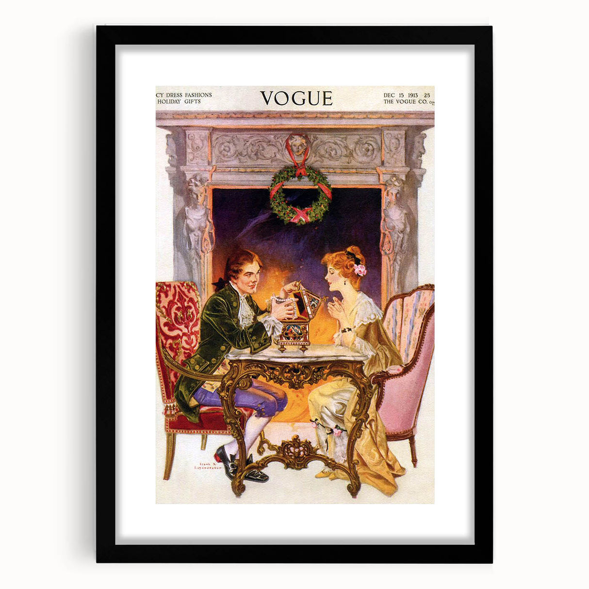 1913 Holiday Vogue Cover Art - Vintage Festive Couple Wall Print