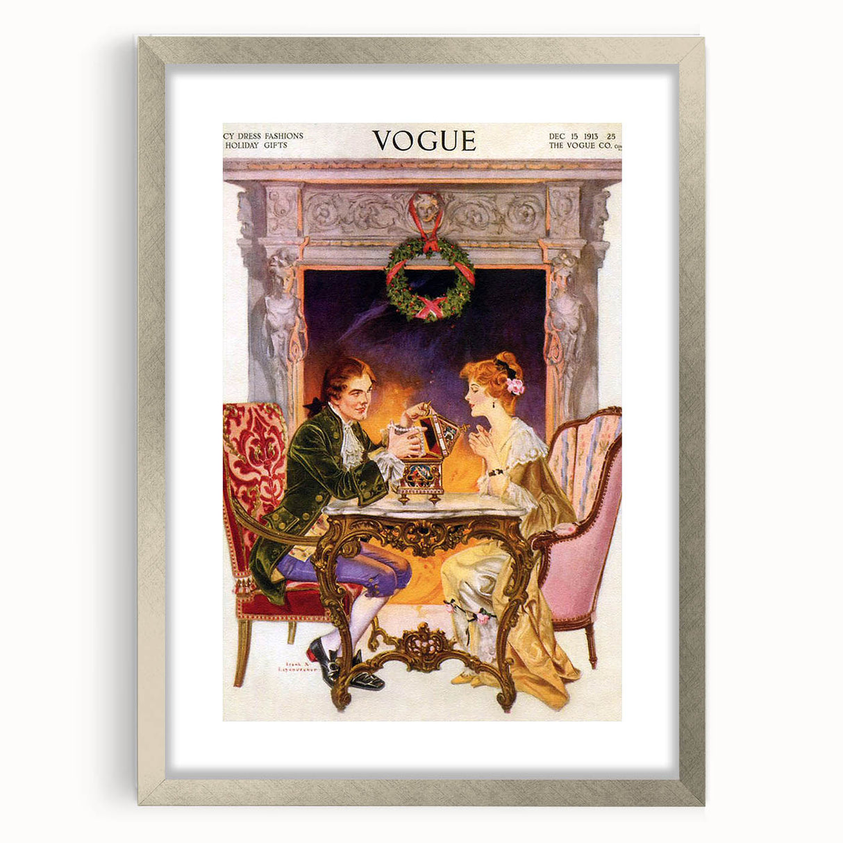1913 Holiday Vogue Cover Art - Vintage Festive Couple Wall Print