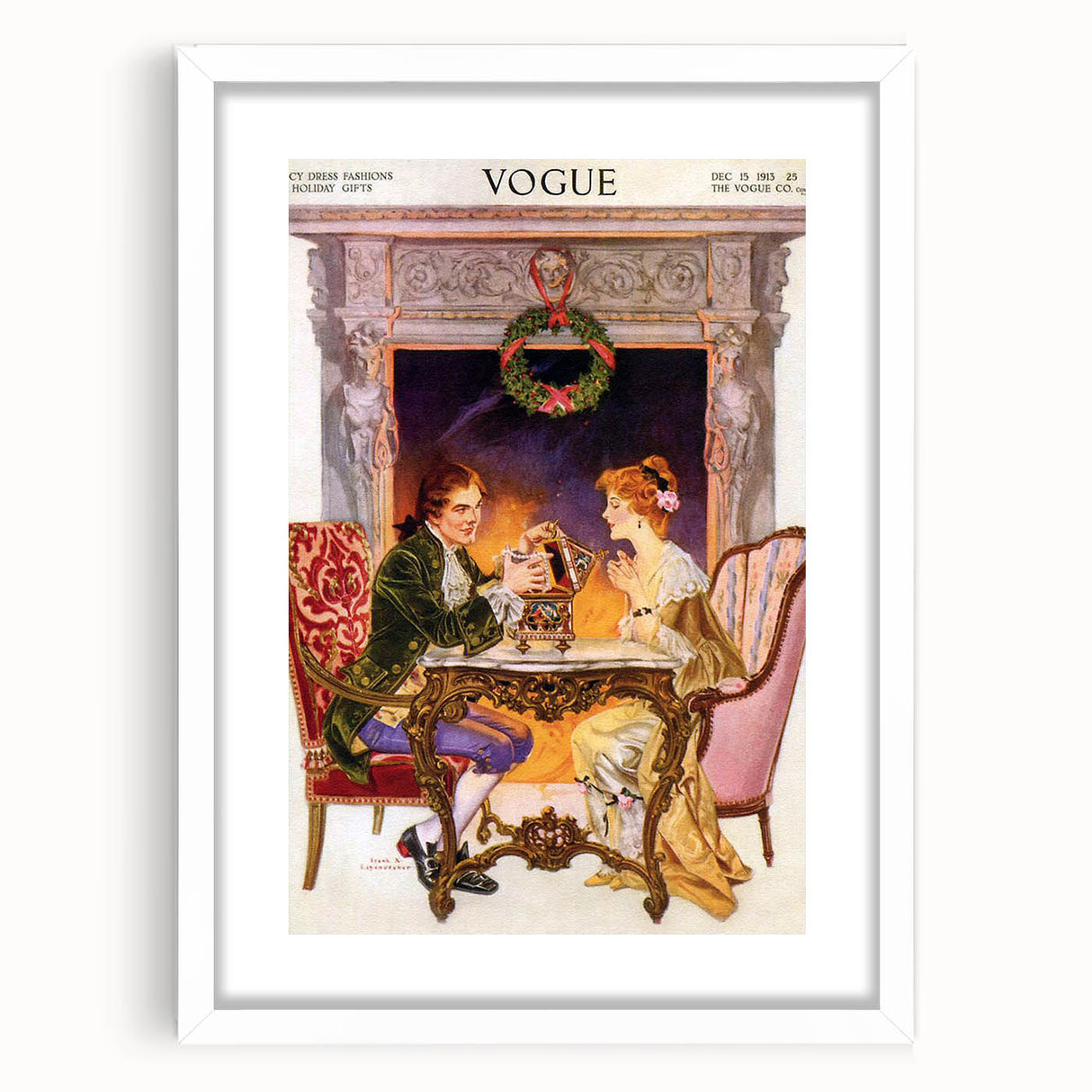 1913 Holiday Vogue Cover Art - Vintage Festive Couple Wall Print