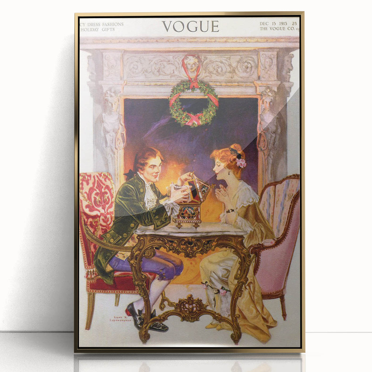 1913 Holiday Vogue Cover Art - Vintage Festive Couple Wall Print