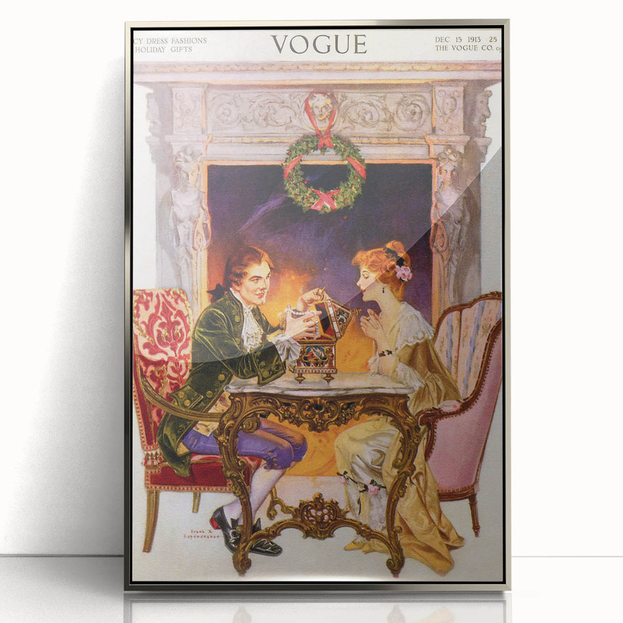 1913 Holiday Vogue Cover Art - Vintage Festive Couple Wall Print