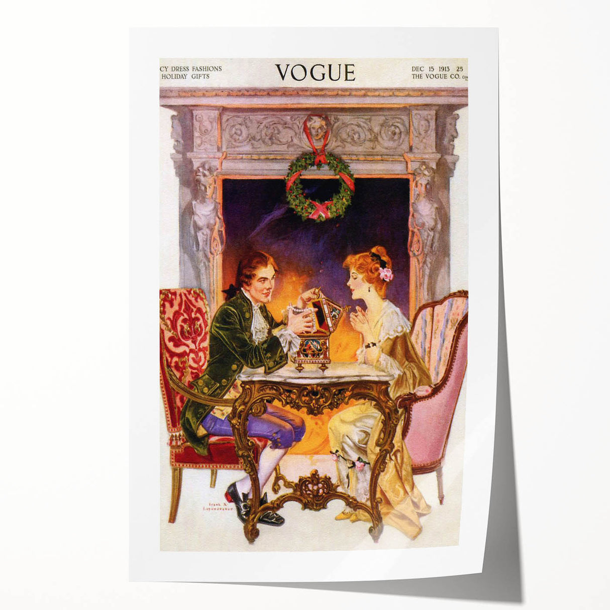1913 Holiday Vogue Cover Art - Vintage Festive Couple Wall Print