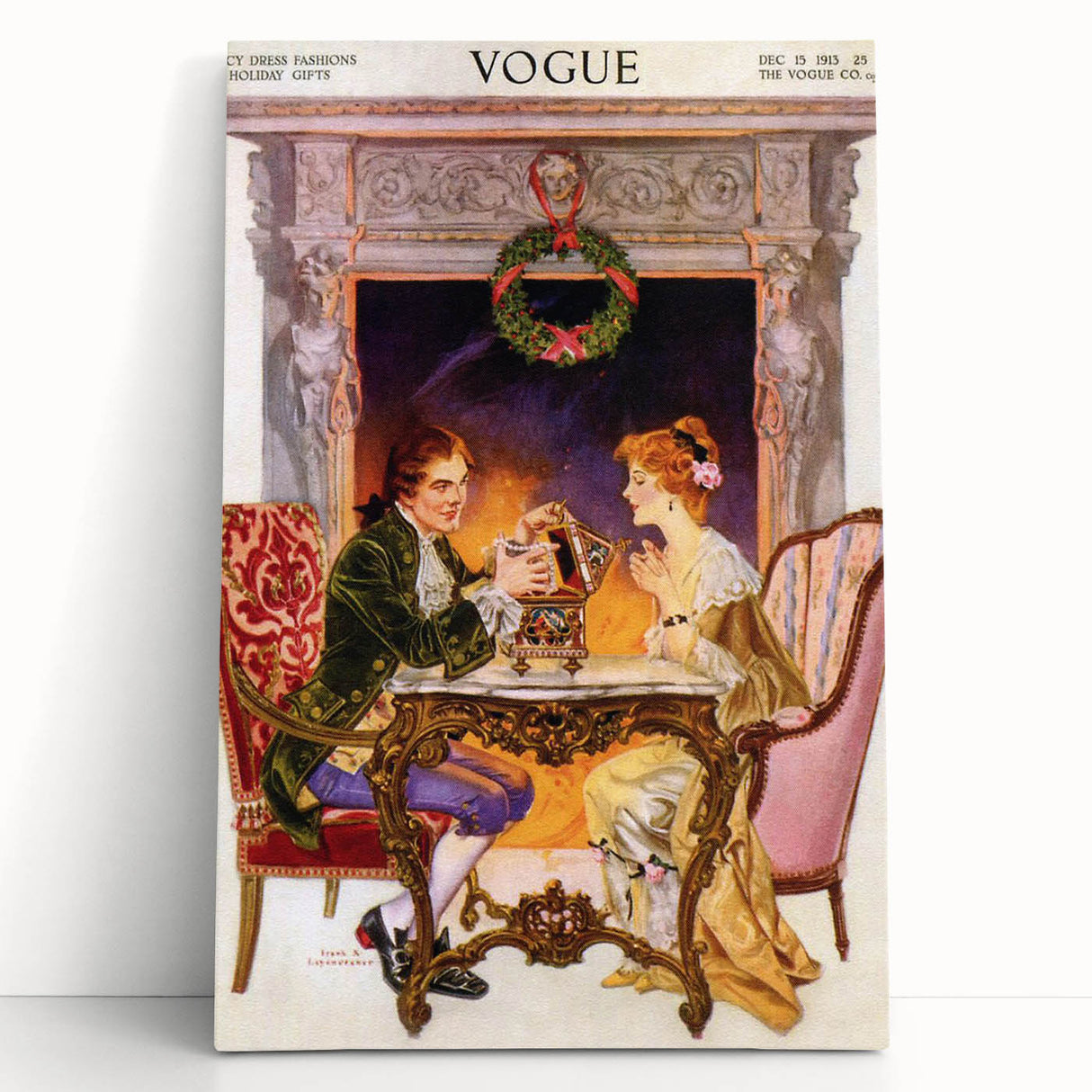 1913 Holiday Vogue Cover Art - Vintage Festive Couple Wall Print