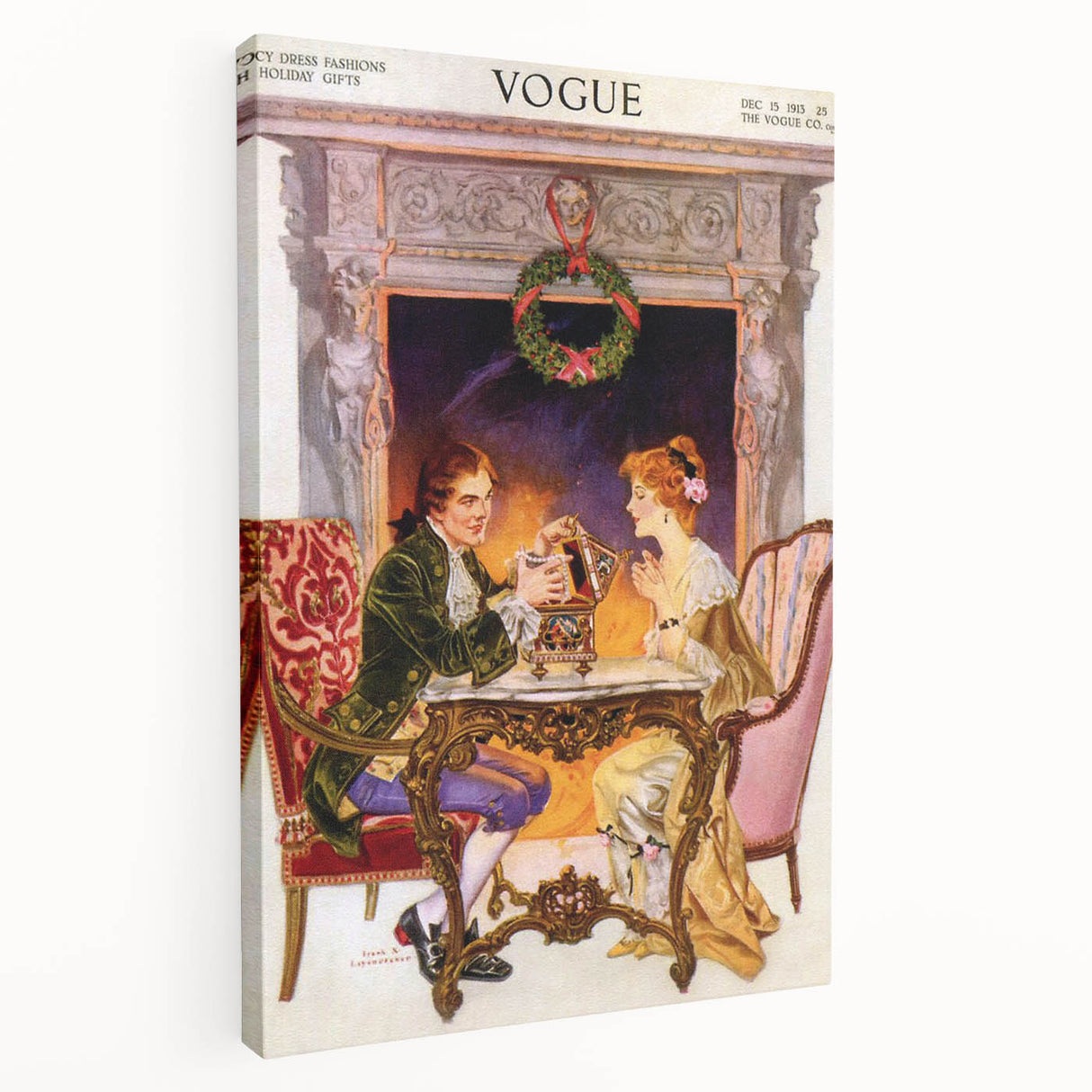 1913 Holiday Vogue Cover Art - Vintage Festive Couple Wall Print