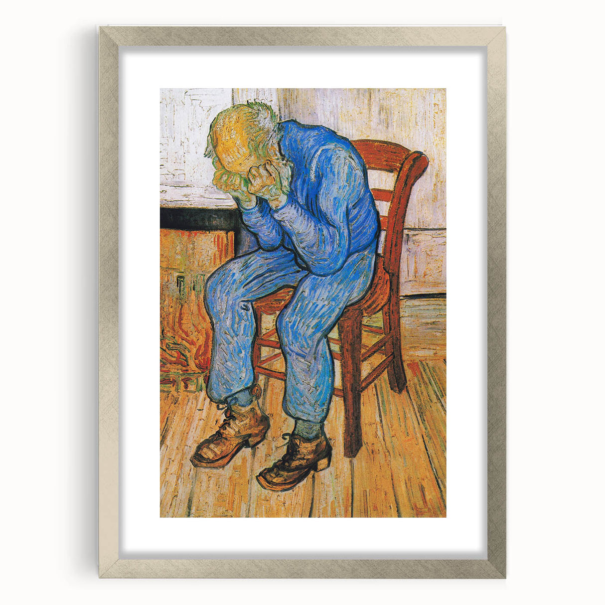 Extra large abstract art print with textured brush strokes in blue and green tones, framed in silver.