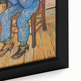 Close-up of a textured, extra large framed canvas featuring a colorful, abstract interpretation of Van Gogh's style.