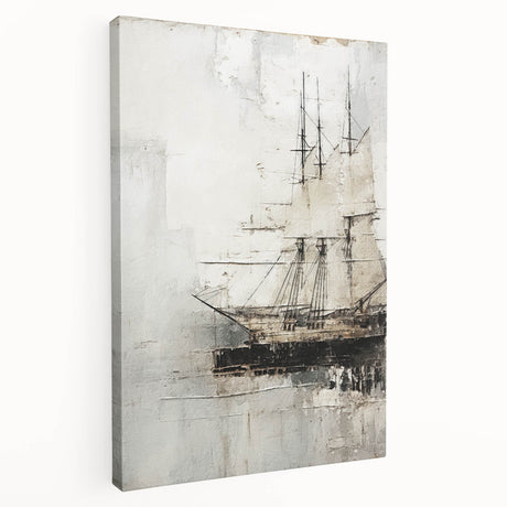 Side view of a large ship on stretched canvas in muted blue and gray tones, ideal for kitchen wall art.