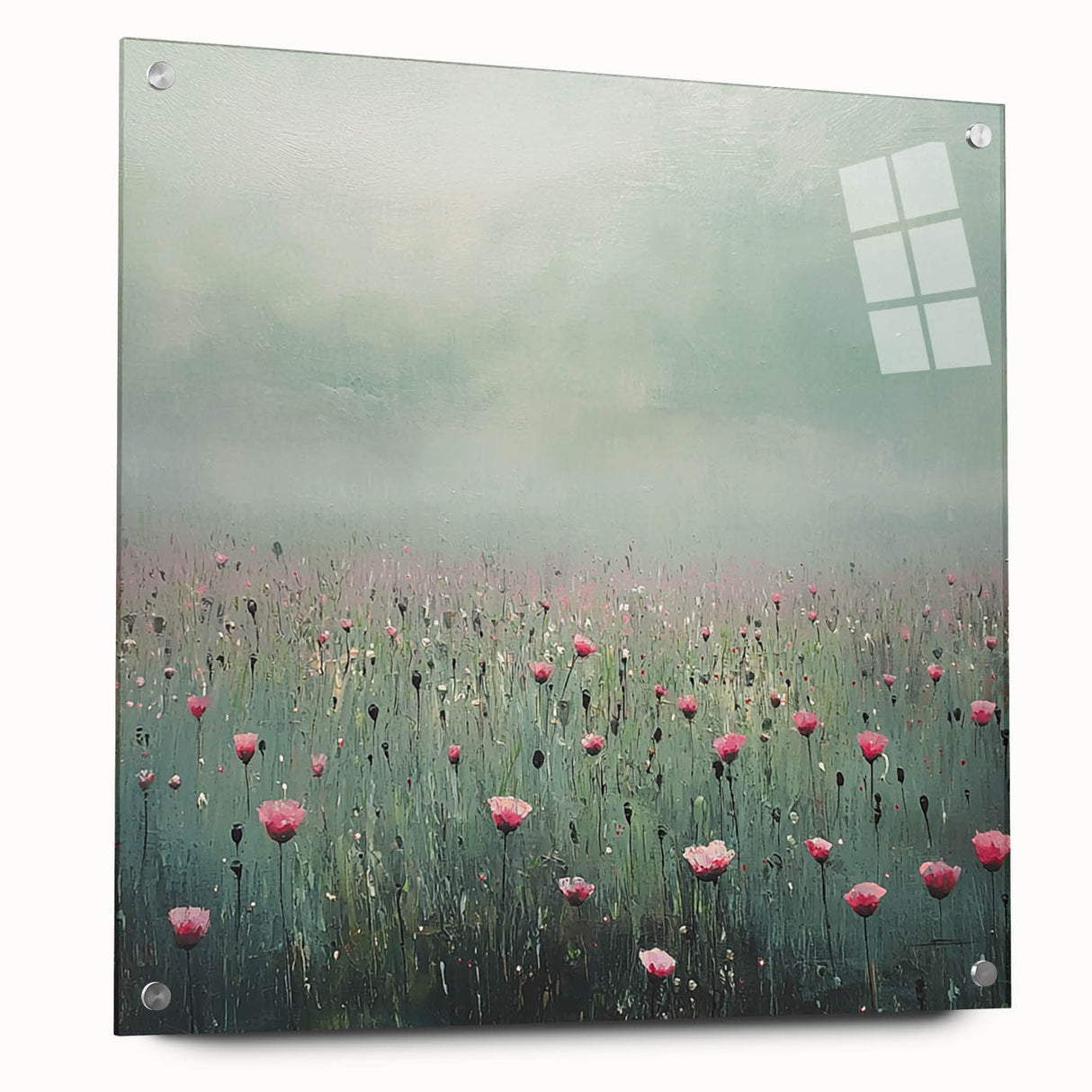 Abstract floral acrylic glass artwork showcasing vibrant colors and intricate designs, displayed from a side view with visible mounting pins for easy installation.