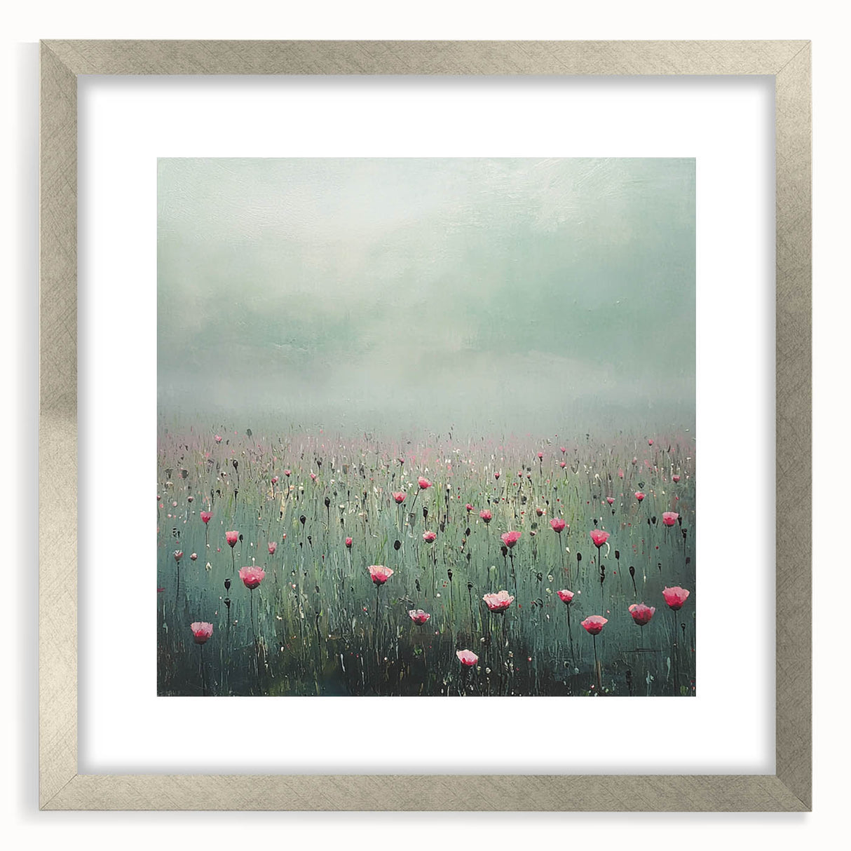Abstract floral frame in silver with a mat, showcasing intricate designs and vibrant colors, ideal for modern home decor or gallery displays.