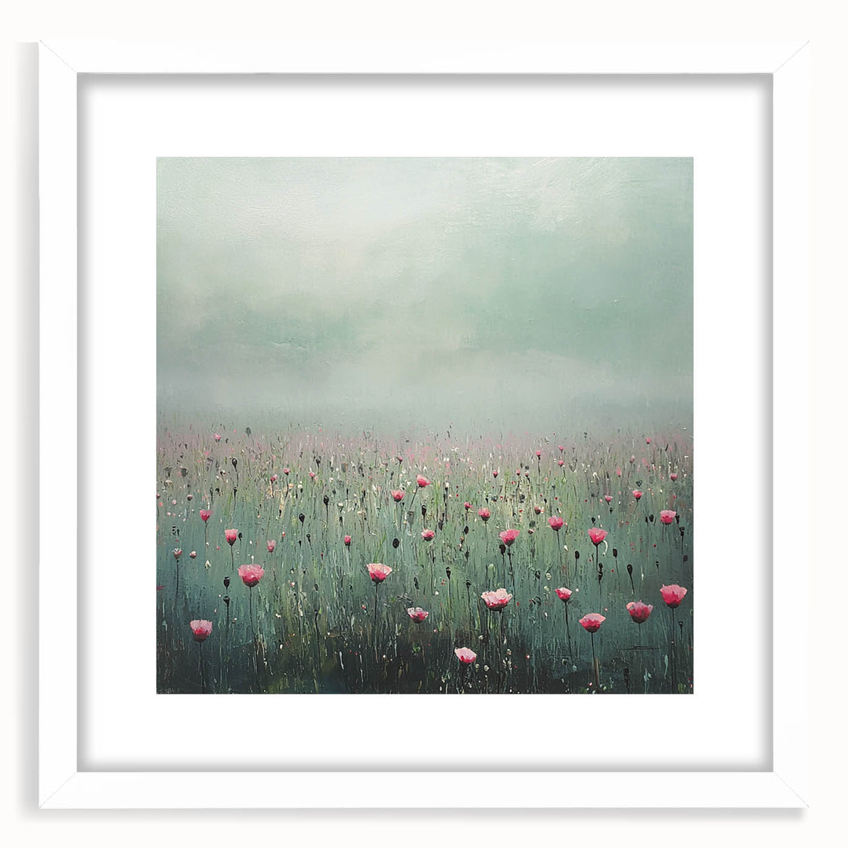 Abstract floral frame design with a white mat, showcasing vibrant colors and intricate patterns, ideal for modern home decor or artwork display.