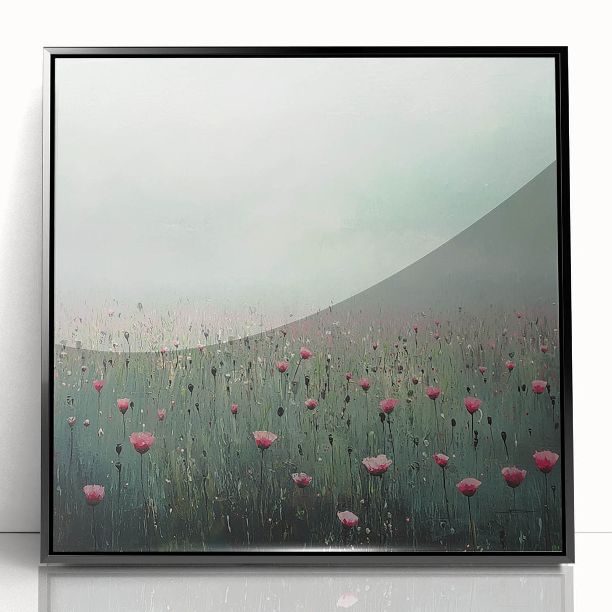 Framed acrylic artwork showcasing vibrant abstract florals in a sleek black frame, perfect for modern home decor or office spaces, enhancing any interior style.