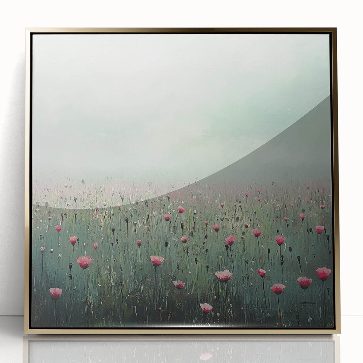 Framed acrylic artwork showcasing an abstract floral design in vibrant colors, featuring gold accents and a sleek frame, perfect for modern home decor.