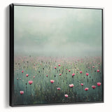 Framed canvas artwork showcasing an abstract floral design in vibrant colors, set against a sleek black frame, enhancing modern home decor aesthetics.