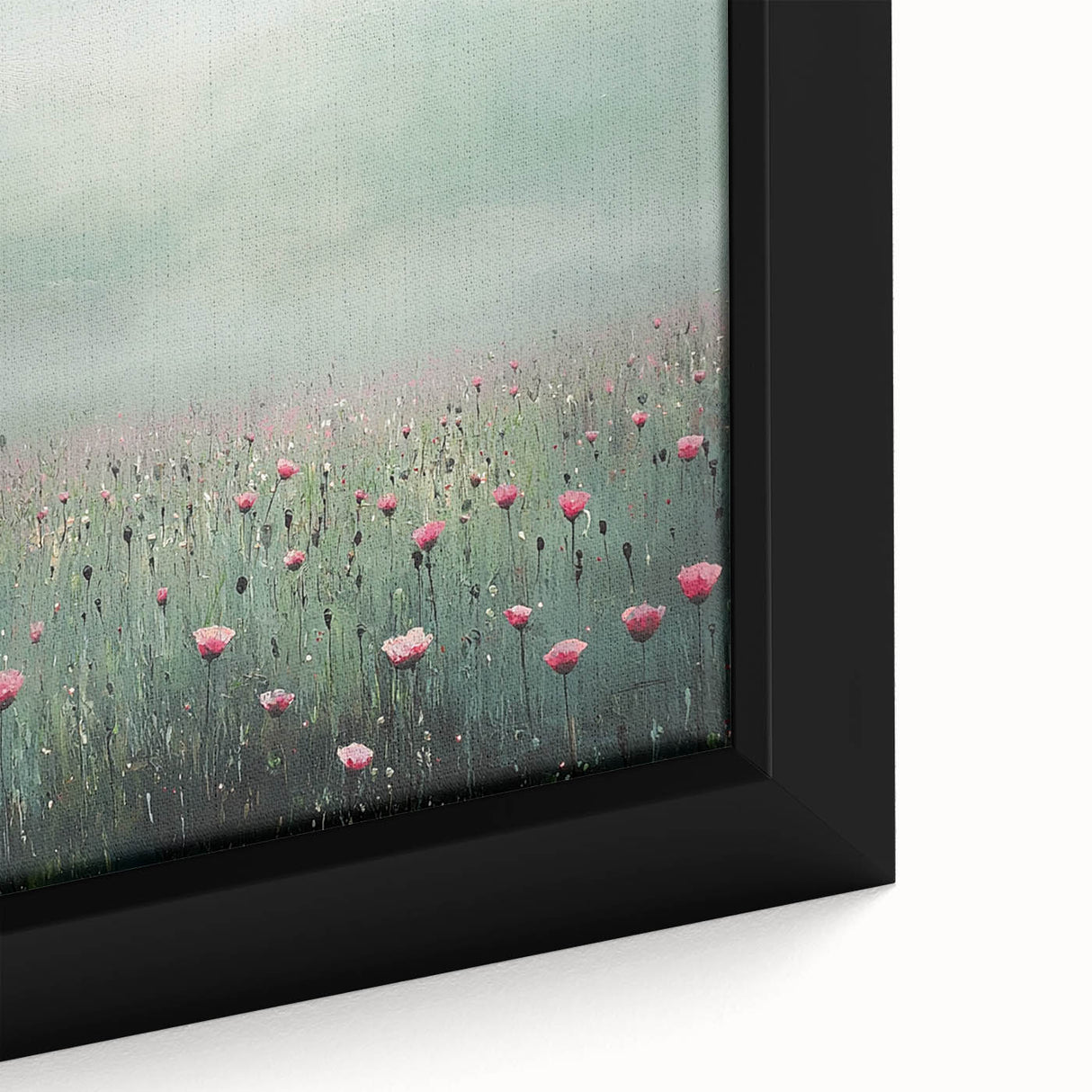 Close-up of a framed canvas showcasing vibrant abstract floral designs in shades of pink, blue, and gold, perfect for modern home decor and artistic inspiration.