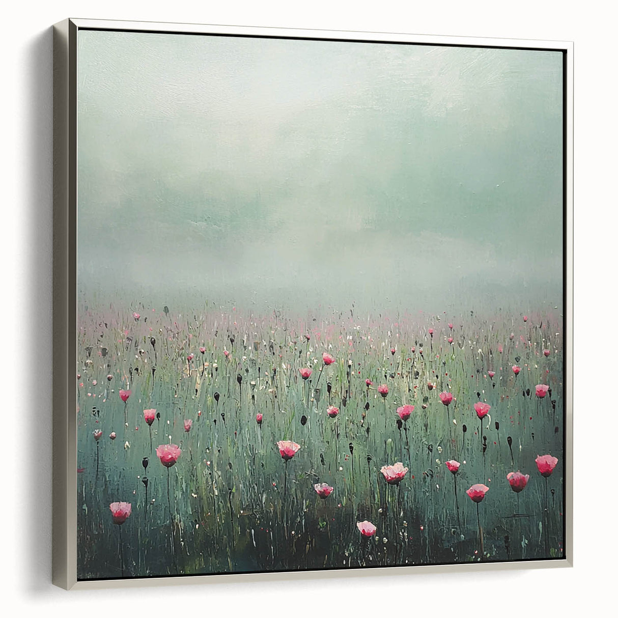 Abstract floral framed canvas artwork with a silver frame, showcasing vibrant colors and intricate designs, perfect for modern home decor. The side view highlights the depth and texture of the piece, enhancing its visual appeal and elegance in any interior setting.