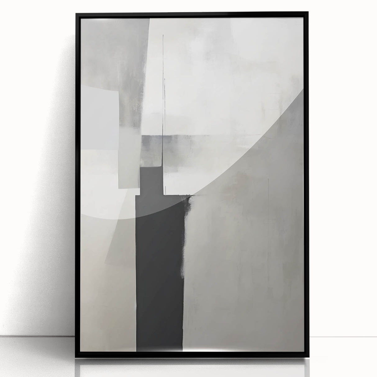 Framed abstract minimalist wall art featuring a sleek black design, displayed from a front view, ideal for modern home decor and artistic enhancement.