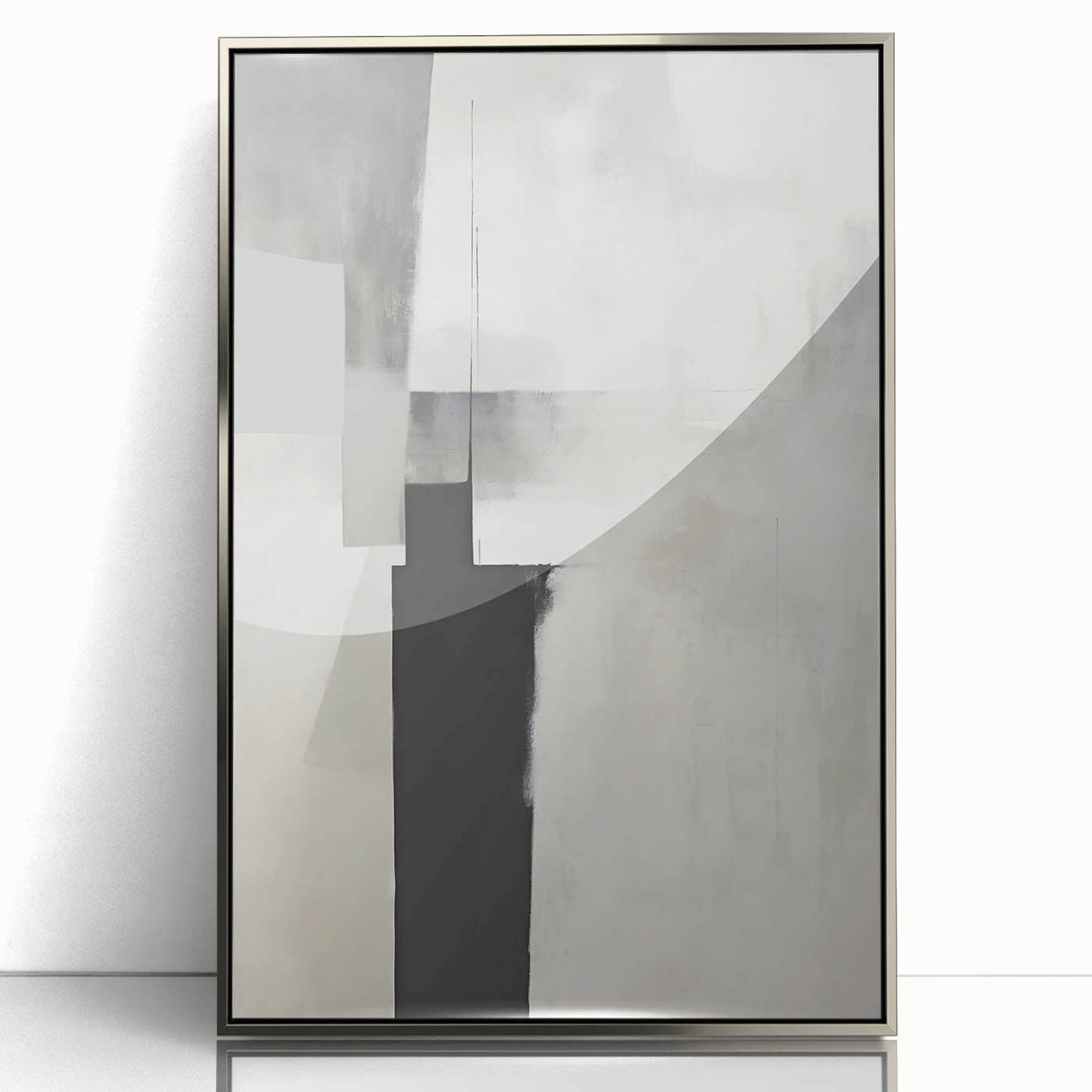 Framed abstract minimalist wall art featuring a sleek silver acrylic front, perfect for modern decor, enhancing any contemporary living space or office.