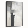 Framed abstract minimalist wall art in black, showcasing sleek lines and geometric shapes, perfect for modern home decor, displayed from a side view.