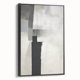 Framed abstract minimalist wall art in black, showcasing sleek lines and geometric shapes, perfect for modern home decor, displayed from a side view.