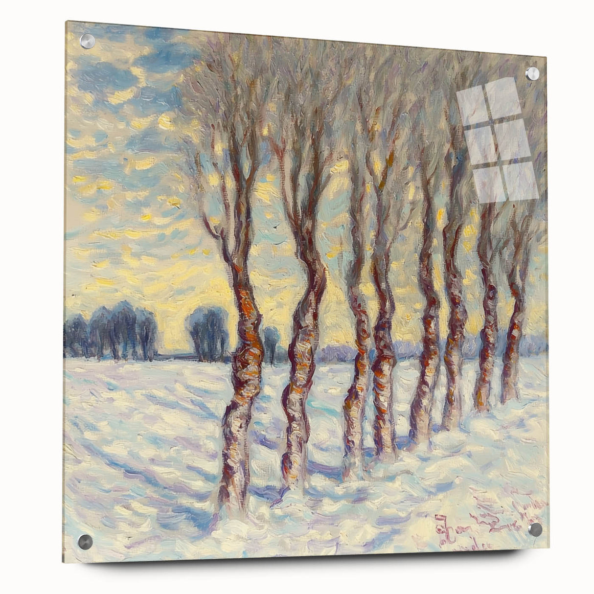 Abstract floral design on acrylic glass panel, showcasing vibrant colors and intricate patterns. Side view highlights the sleek edges and mounting pins for display.
