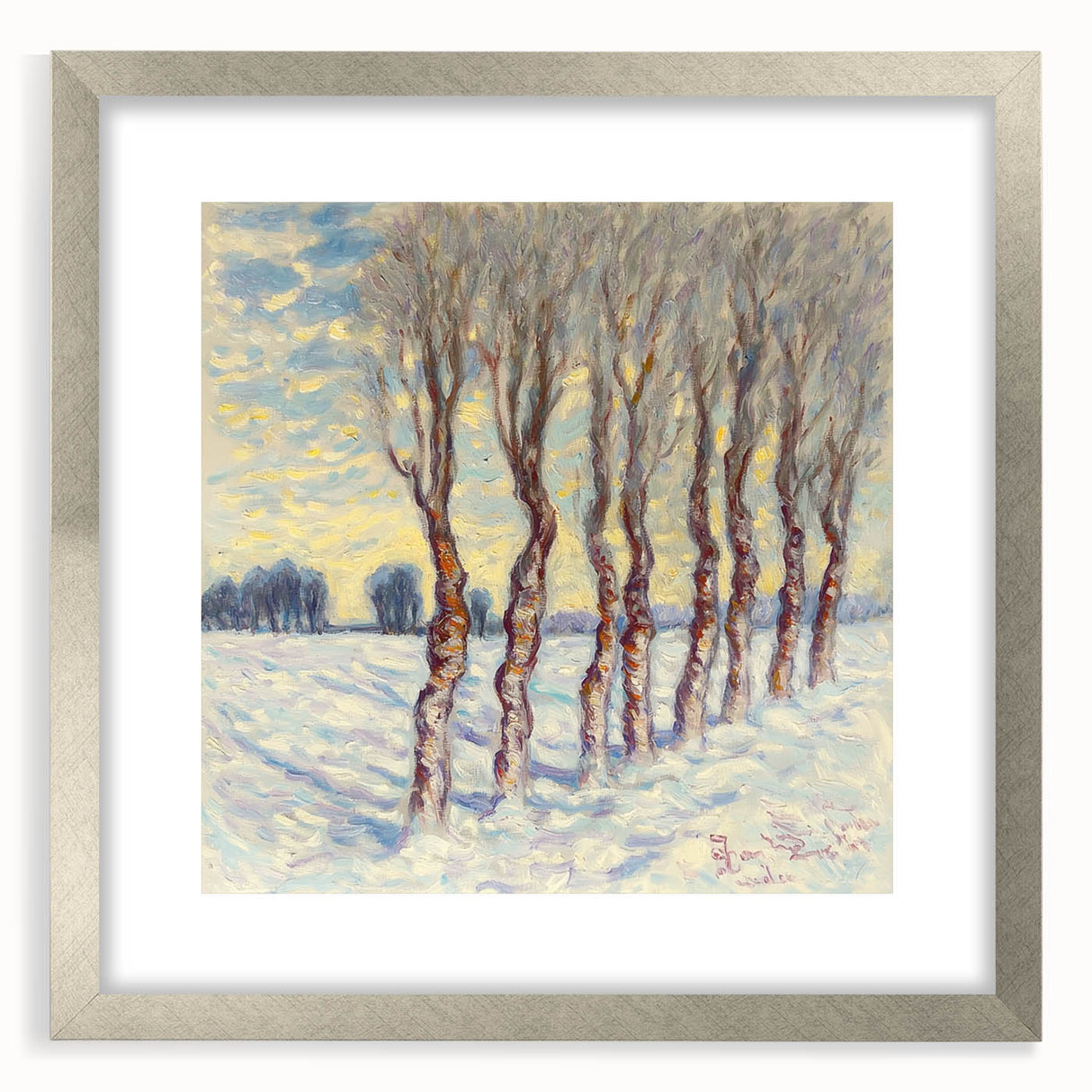 Abstract floral frame with silver matting, showcasing vibrant colors and intricate designs, perfect for home decor or art displays. Ideal for modern interiors.