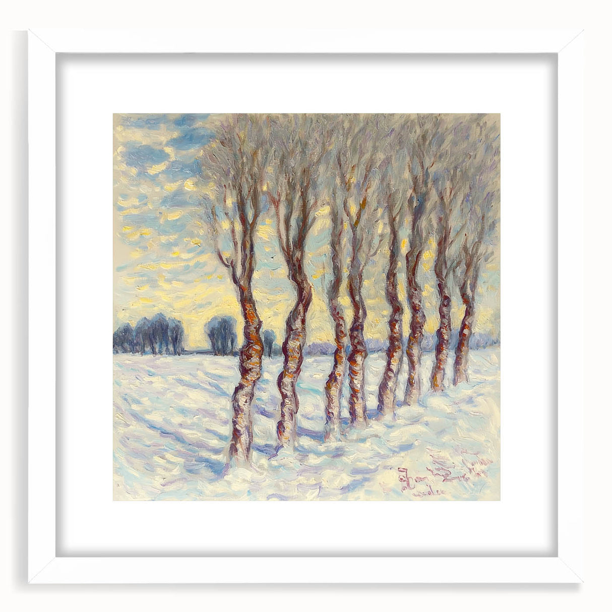 Abstract floral design framed in a white mat, showcasing vibrant colors and intricate patterns, ideal for modern home decor. Perfect for adding a touch of elegance to any room.