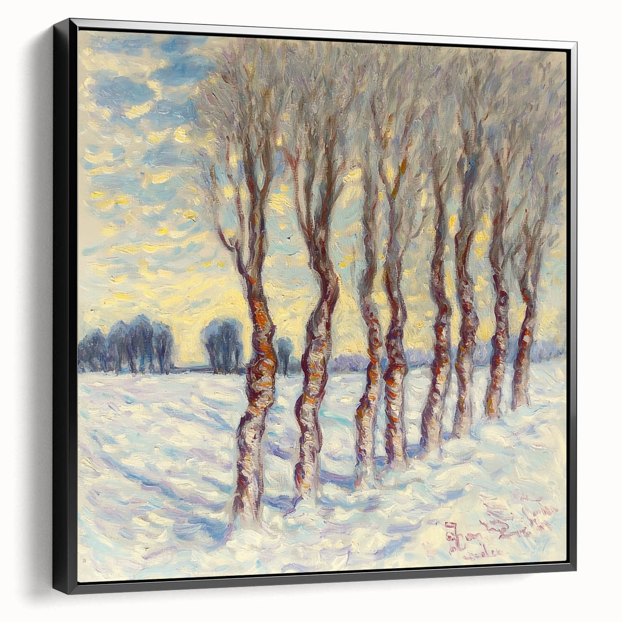 Framed canvas artwork displaying abstract floral designs in vibrant colors, featuring a sleek black frame and side view to highlight its modern aesthetic. Ideal for enhancing contemporary home decor.