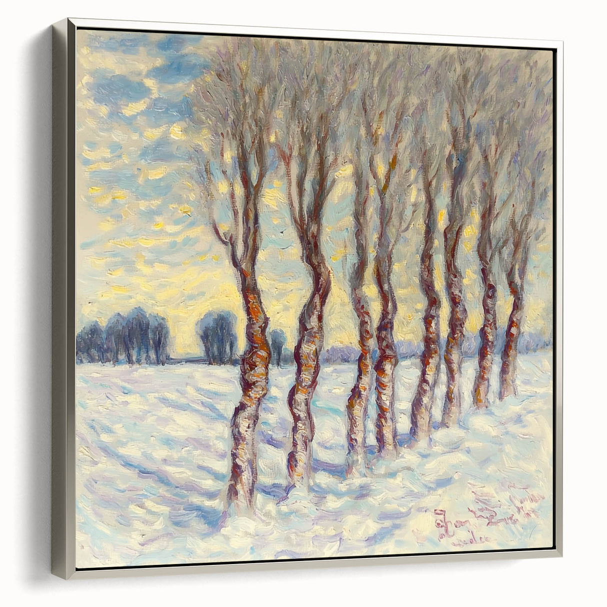 Framed canvas artwork showcasing abstract florals in vibrant colors, featuring a sleek silver frame and a modern side view, perfect for contemporary decor.