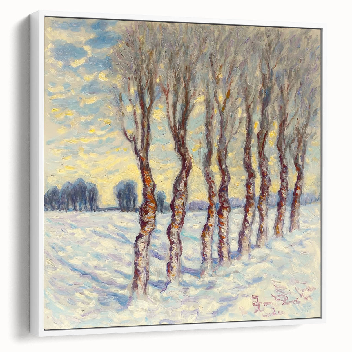 Framed canvas artwork showcasing an abstract floral design in soft pastel colors, viewed from the side, ideal for modern home decor. Perfect for adding elegance to any room.