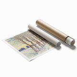 Abstract floral art print showcasing vibrant colors, intricate patterns, and a modern design, rolled and ready for display, perfect for contemporary home decor.