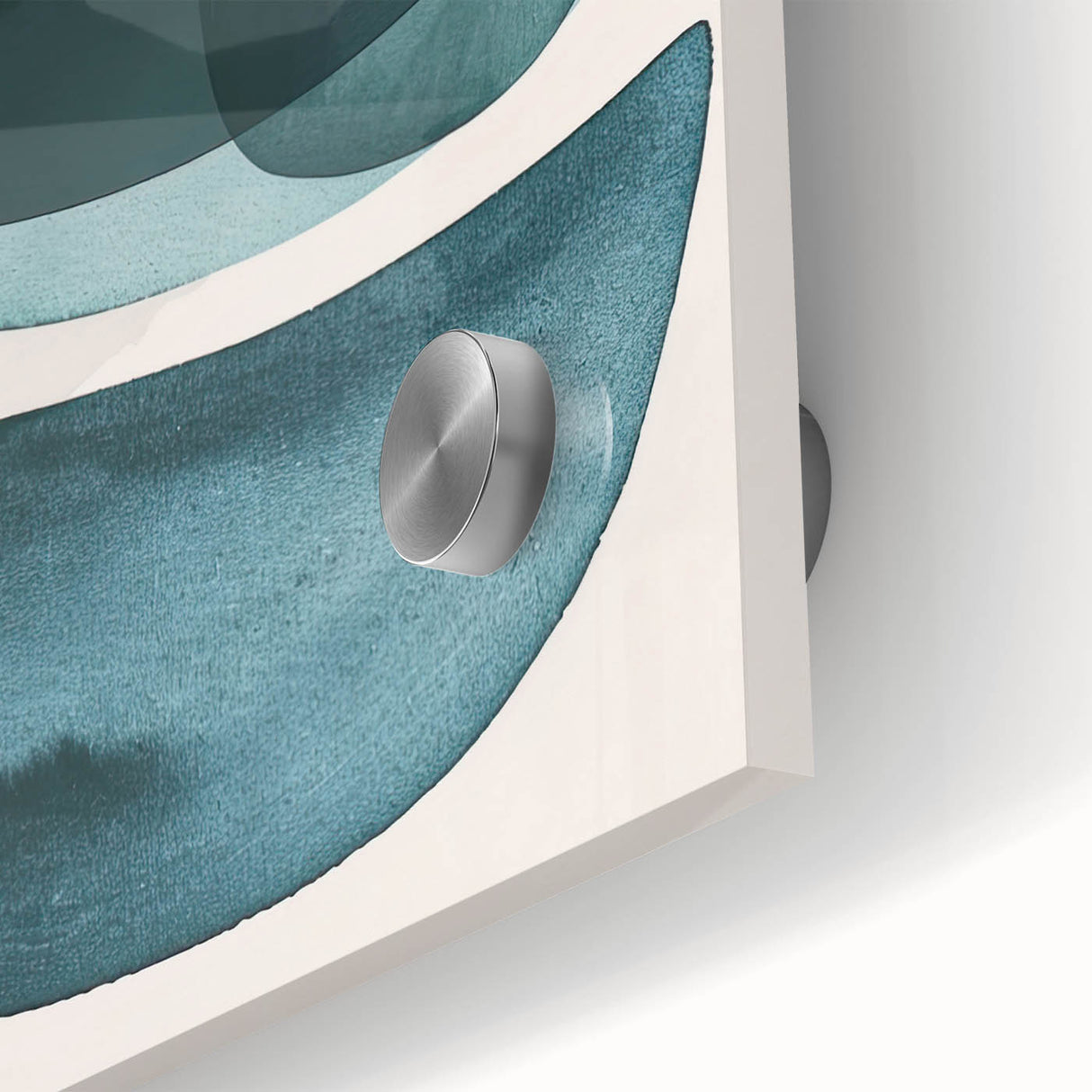 Close-up of abstract minimalist wall art with vibrant acrylic colors on glass, showcasing fluid shapes and textures, perfect for modern decor.