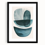 Abstract minimalist wall art framed in black with a mat, showcasing geometric shapes in muted tones, perfect for modern home decor.