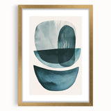 Abstract minimalist wall art framed in gold with a white mat, showcasing soft geometric shapes and subtle colors, perfect for modern home decor.