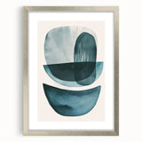 Abstract minimalist wall art framed in silver with a white mat, showcasing geometric shapes and soft neutral tones, ideal for modern home decor.