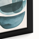 Close-up of a framed abstract minimalist wall art piece featuring soft pastel colors and geometric shapes, designed to enhance modern interior decor.