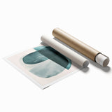 Abstract minimalist wall art print showcasing soft pastel colors and geometric shapes, rolled and ready for display in a stylish interior setting. Ideal for modern decor enthusiasts.