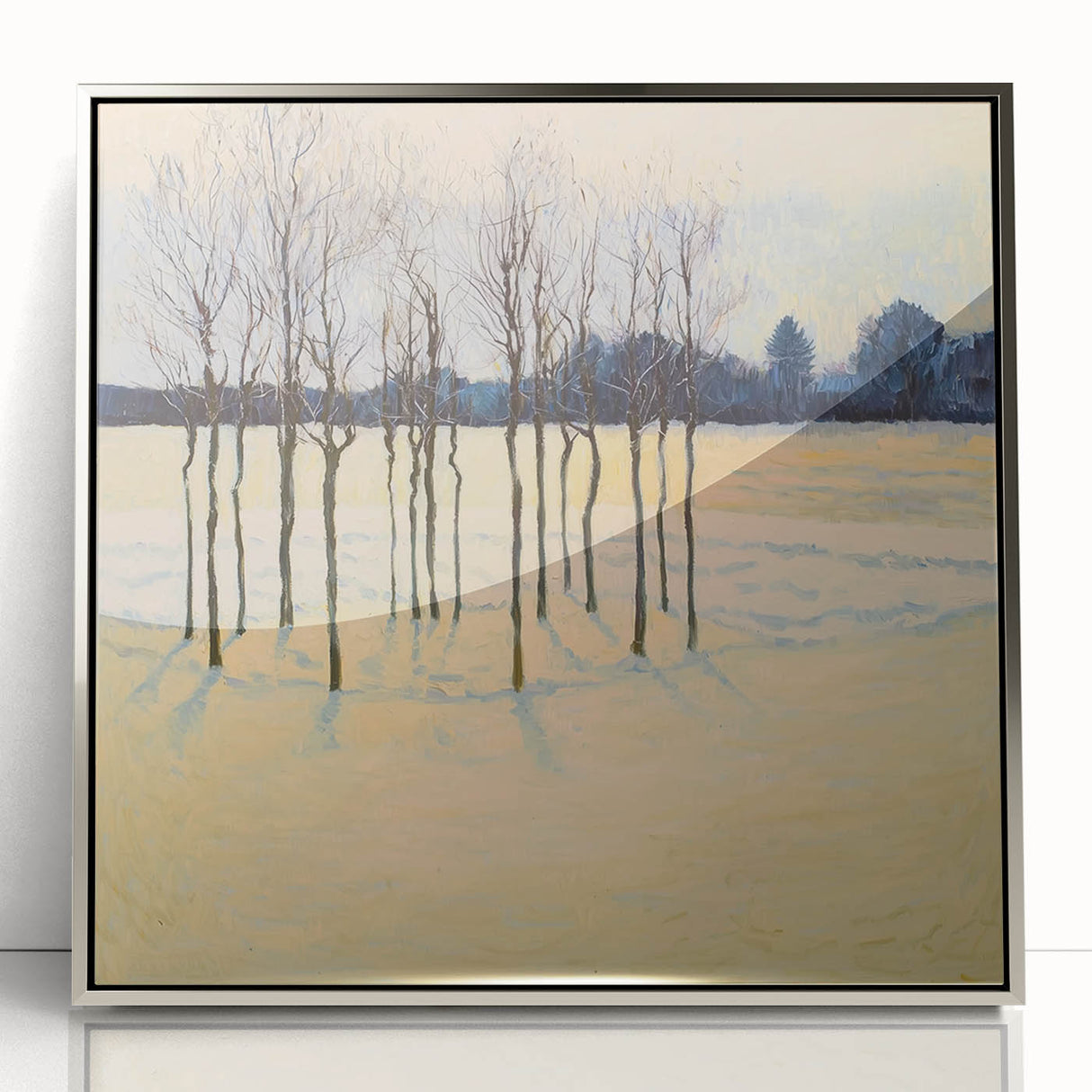 Framed acrylic artwork displaying an abstract floral design in silver hues, set against a sleek white background. Ideal for modern home decor and art enthusiasts.