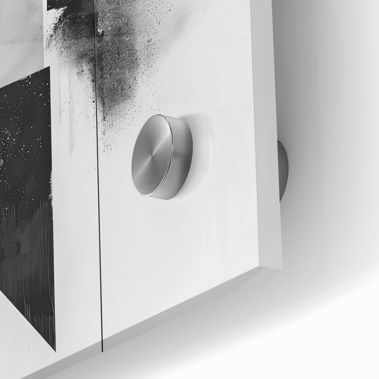 Close-up of abstract minimalist wall art design featuring soft pastel colors and dynamic shapes, printed on high-quality acrylic glass for a modern aesthetic.