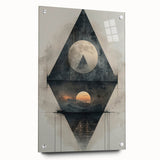 Abstract minimalist wall art displayed in an acrylic frame, showcasing a modern design with a side view that highlights its sleek pins and glass finish.