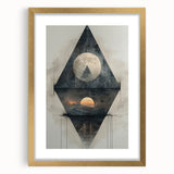 Abstract minimalist wall art framed in gold, showcasing soft geometric shapes and a neutral color palette, enhancing contemporary interior decor.