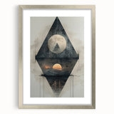 Abstract minimalist wall art framed in silver, showcasing a geometric design with soft color tones, ideal for modern home decor and aesthetic enhancement.