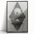 Abstract minimalist wall art in a black frame, showcasing geometric shapes and soft neutral colors, perfect for modern home decor and enhancing any space.