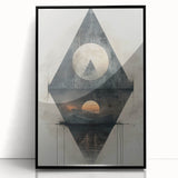 Abstract minimalist wall art in a black frame, showcasing geometric shapes and soft neutral colors, perfect for modern home decor and enhancing any space.