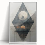 Framed abstract minimalist wall art design with a white acrylic front, showcasing soft color gradients and geometric shapes, perfect for modern home decor.